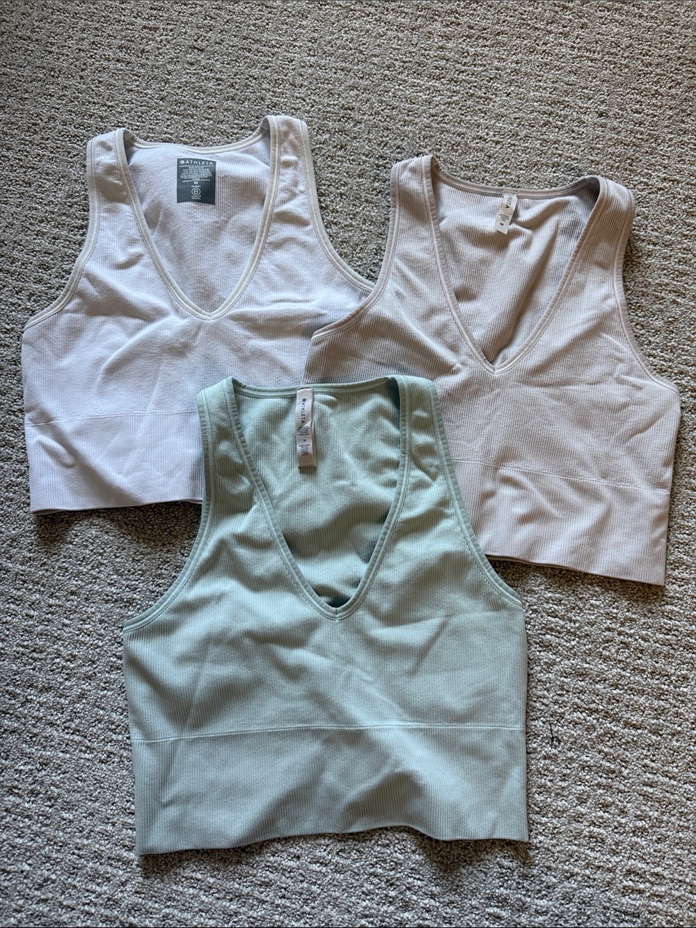 3 Athleta V-Neck Seamless Crop Tank Trio - White, Cream & Sage